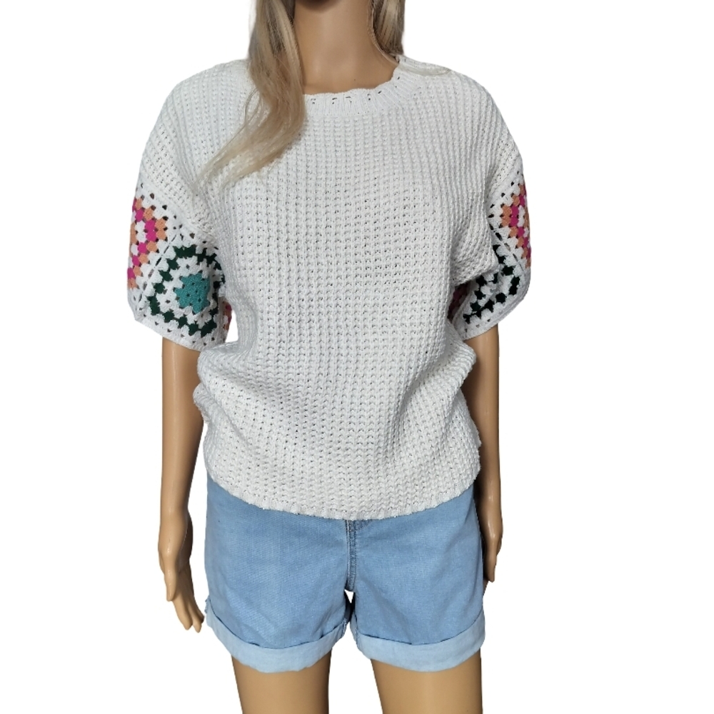 Greige White Knit Top with Multicolor Crochet Sleeves Size M NWT